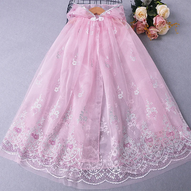 Girl Princess Cloak Children Sequin Mesh Hooded Cape Elsa Rapunzel Costume Halloween Birthday Party Clothing