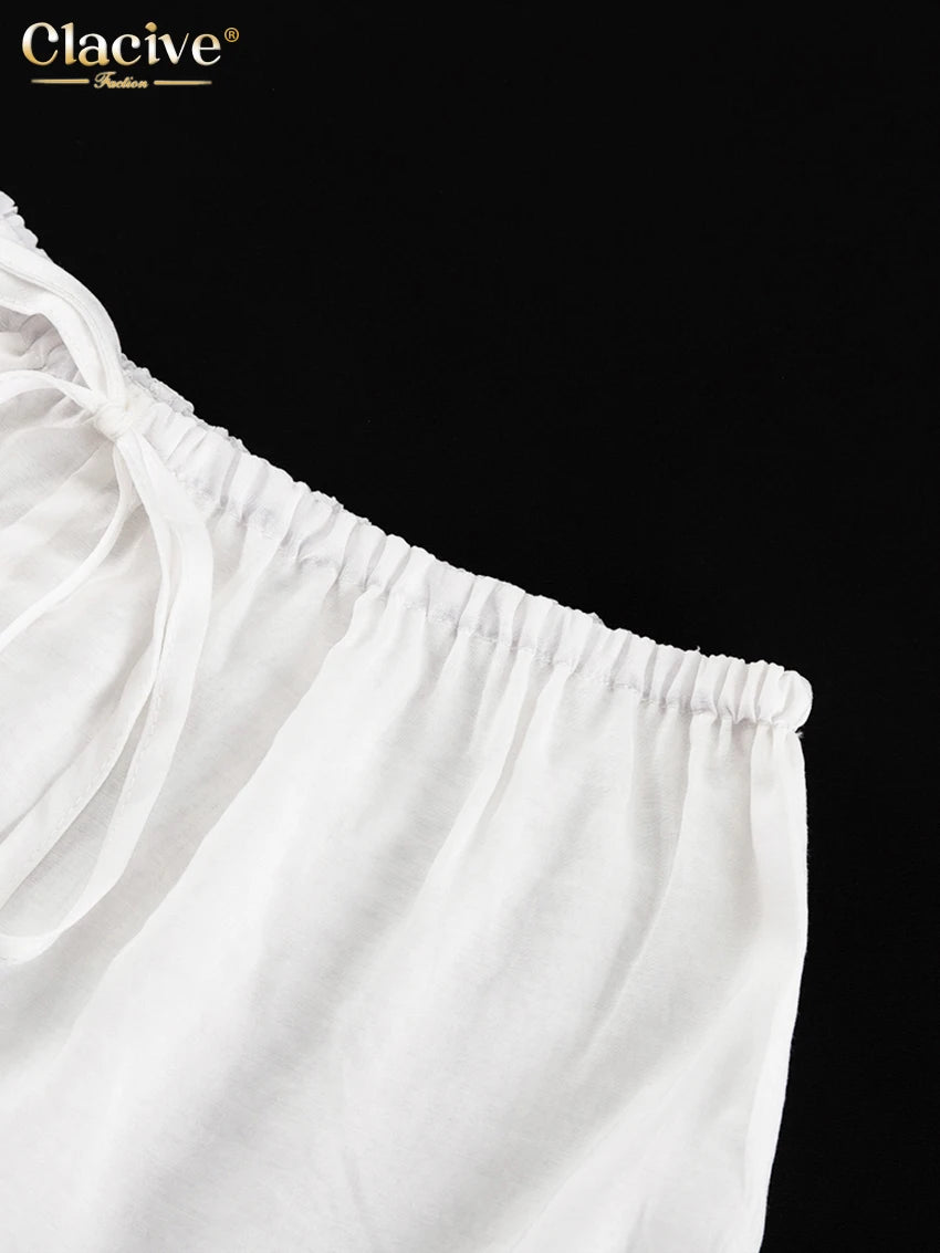 Clacive Casual Loose White 2 Piece Sets Women Outfit 2025 Elegant Long Sleeve Robes With Mid Waist Shorts Set Female Clothing