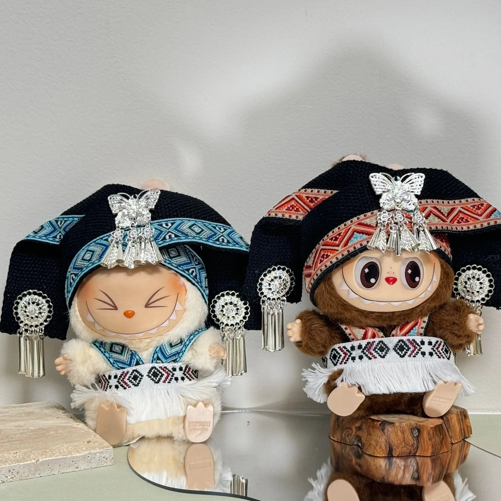 For Labubu Clothes Doll Accessories Zhuang Ethnic Clothing Headwear for Labubu V2 V1 Doll Clothing Cute Striped Cosplay Dress