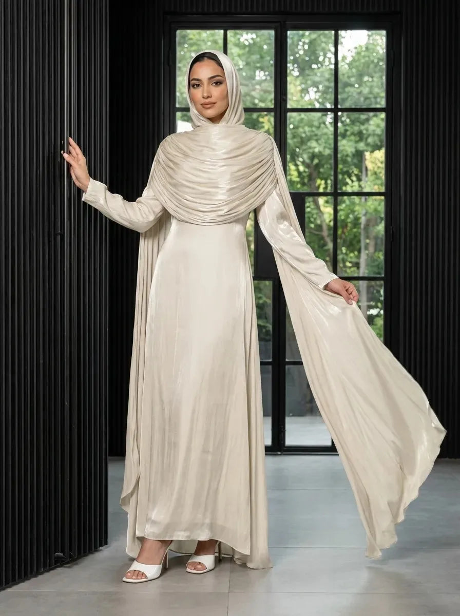 Ramadan Pleated Jalabiya Dubai Abaya Cloak Cape Evening Dresses for Women Muslim Hijab Set Turkey Kaftan Djellaba Islam Clothing