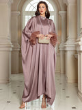 Luxury Dubai Abayas for Women Feather Muslim Sets Satin Kimono Cardigan Kebaya Turkey Kaftan Ramadan Islam Clothing Robe Abayo