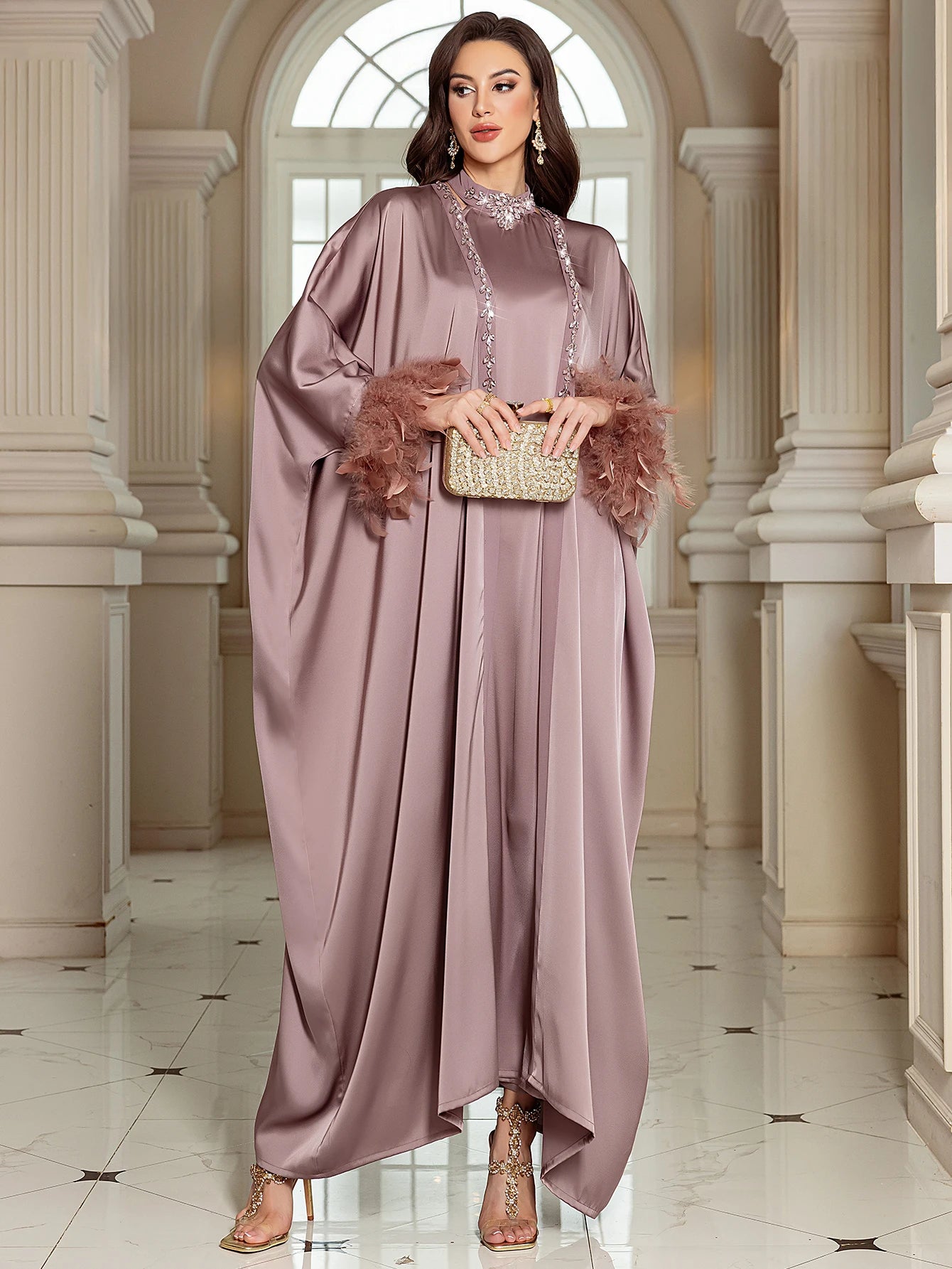 Luxury Dubai Abayas for Women Feather Muslim Sets Satin Kimono Cardigan Kebaya Turkey Kaftan Ramadan Islam Clothing Robe Abayo