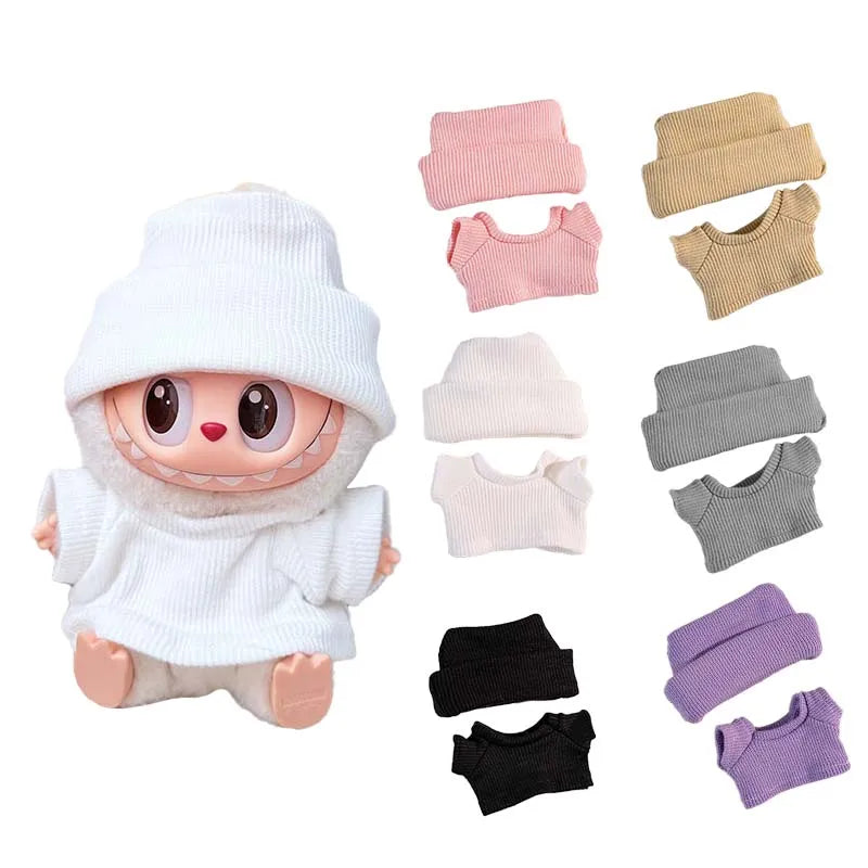 For 15-17cm Labubu Doll's Clothes Flanged Hat Pullover T-shirt Short Set Clothing Matching Canvas Shoe and Glasses  Accessories