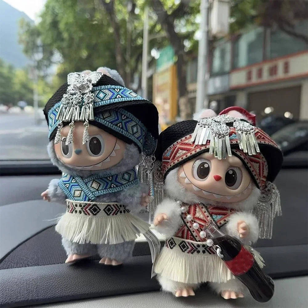 For Labubu Clothes Doll Accessories Zhuang Ethnic Clothing Headwear for Labubu V2 V1 Doll Clothing Cute Striped Cosplay Dress
