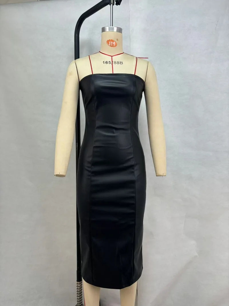 American women's clothing  autumn winter sexy tube top dress PU leather solid color temperament skirt split ends slim fit