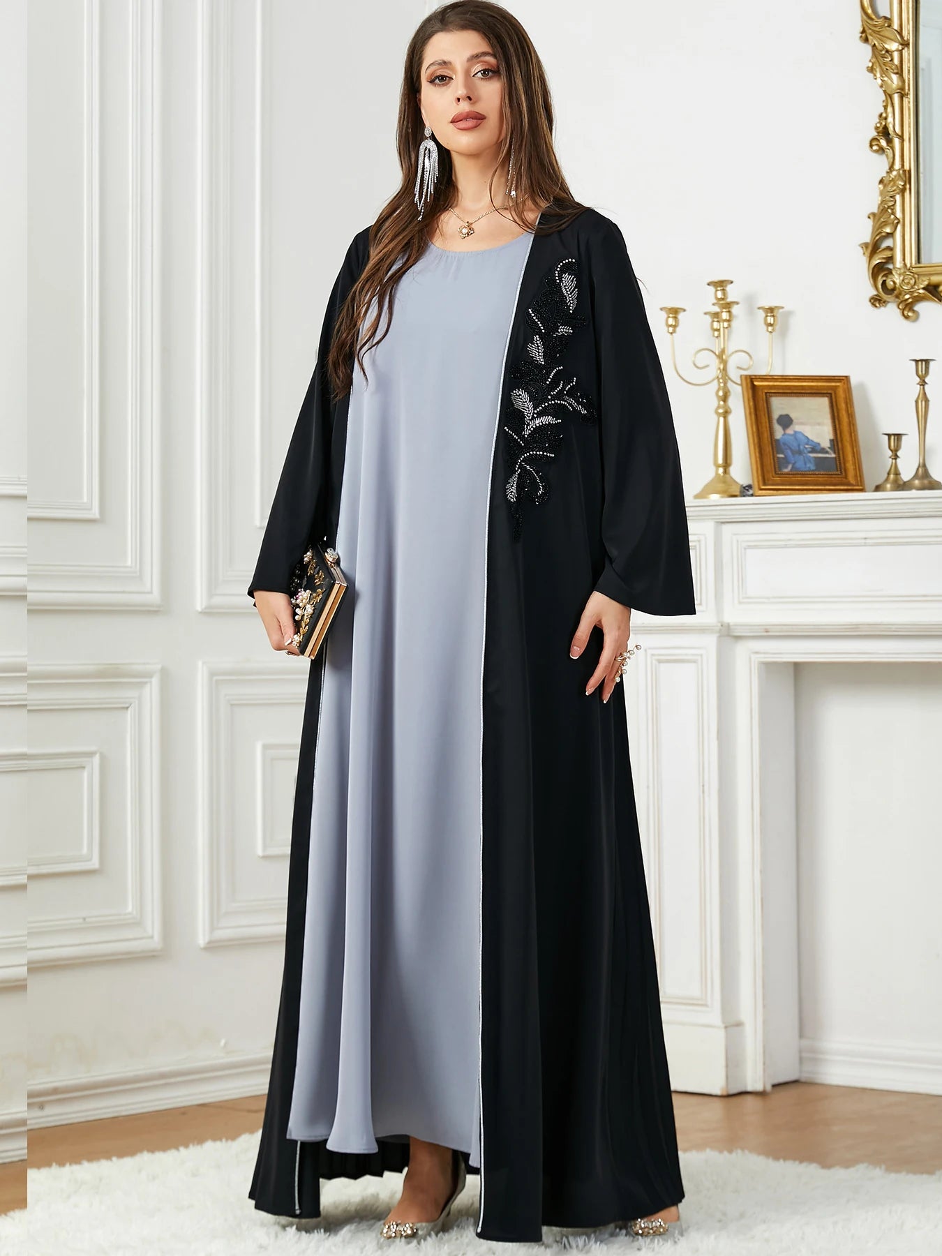 2024 New Saudi Arab Casual Loose Black Floral Beading Draped Open Kimono Abaya Jalabiyat Moroccan Turkish Borka Women Clothing