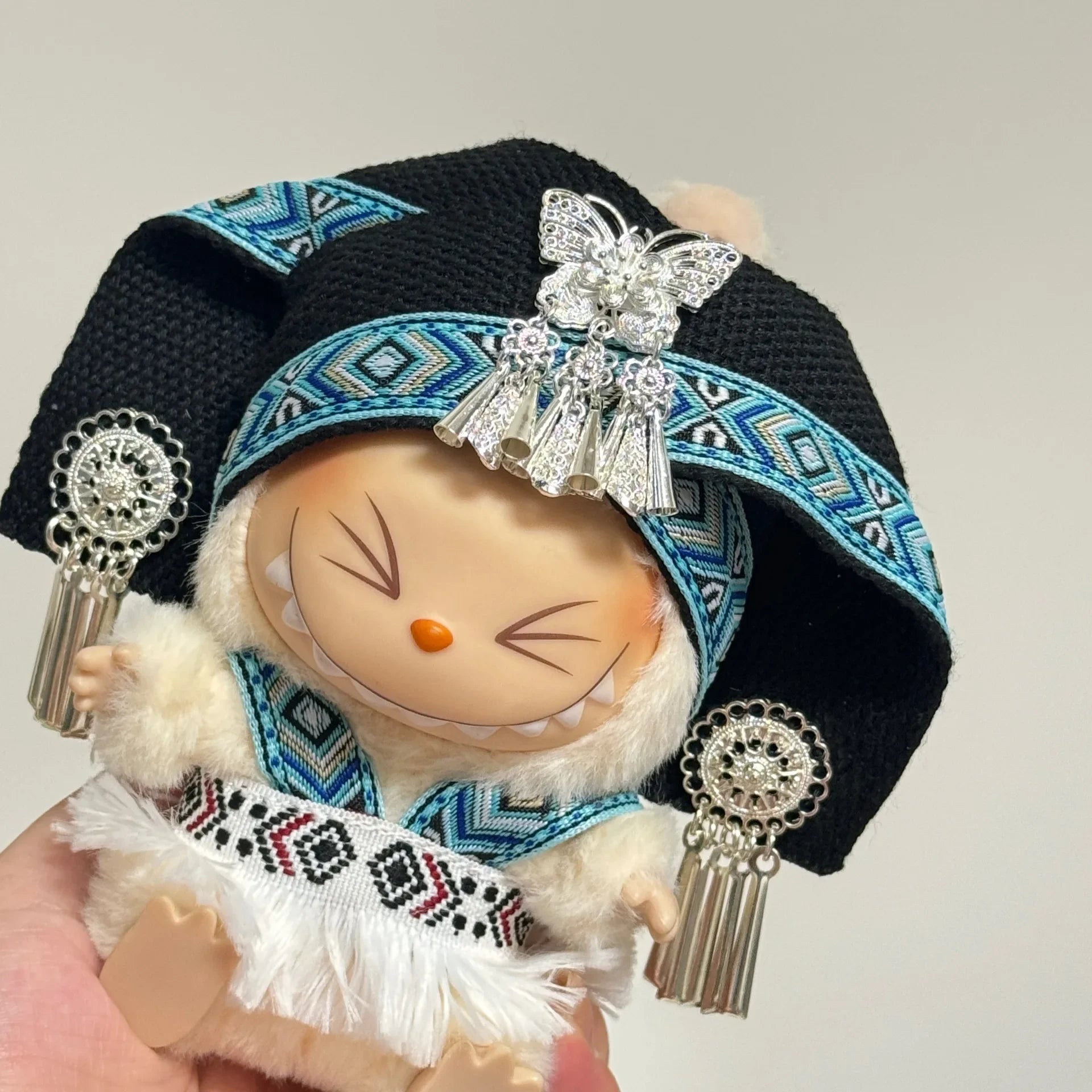 For Labubu Clothes Doll Accessories Zhuang Ethnic Clothing Headwear for Labubu V2 V1 Doll Clothing Cute Striped Cosplay Dress