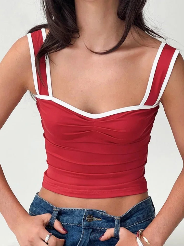 Casual Streetwear Contrast Binding Halter Tops Women Clothing Square Collar Camison Verano Shirring Strap Corset Y2k Accessories