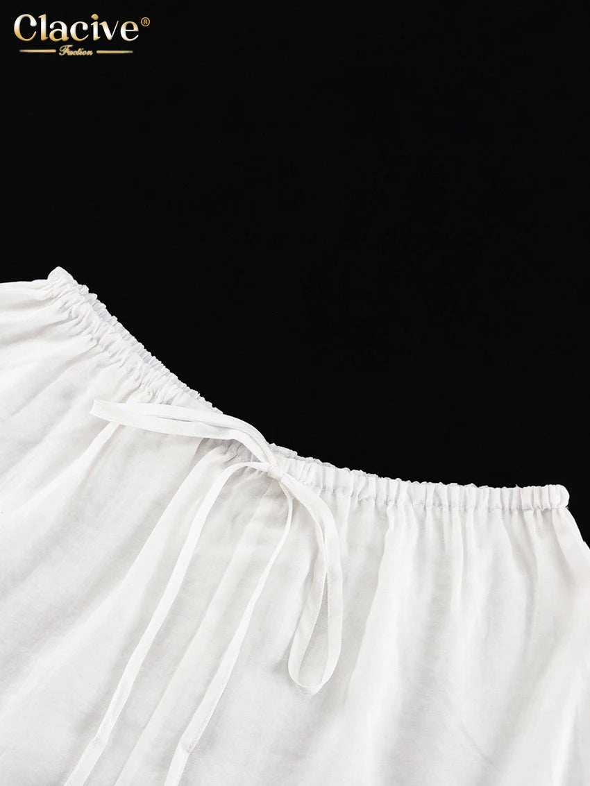 Clacive Casual Loose White 2 Piece Sets Women Outfit 2025 Elegant Long Sleeve Robes With Mid Waist Shorts Set Female Clothing
