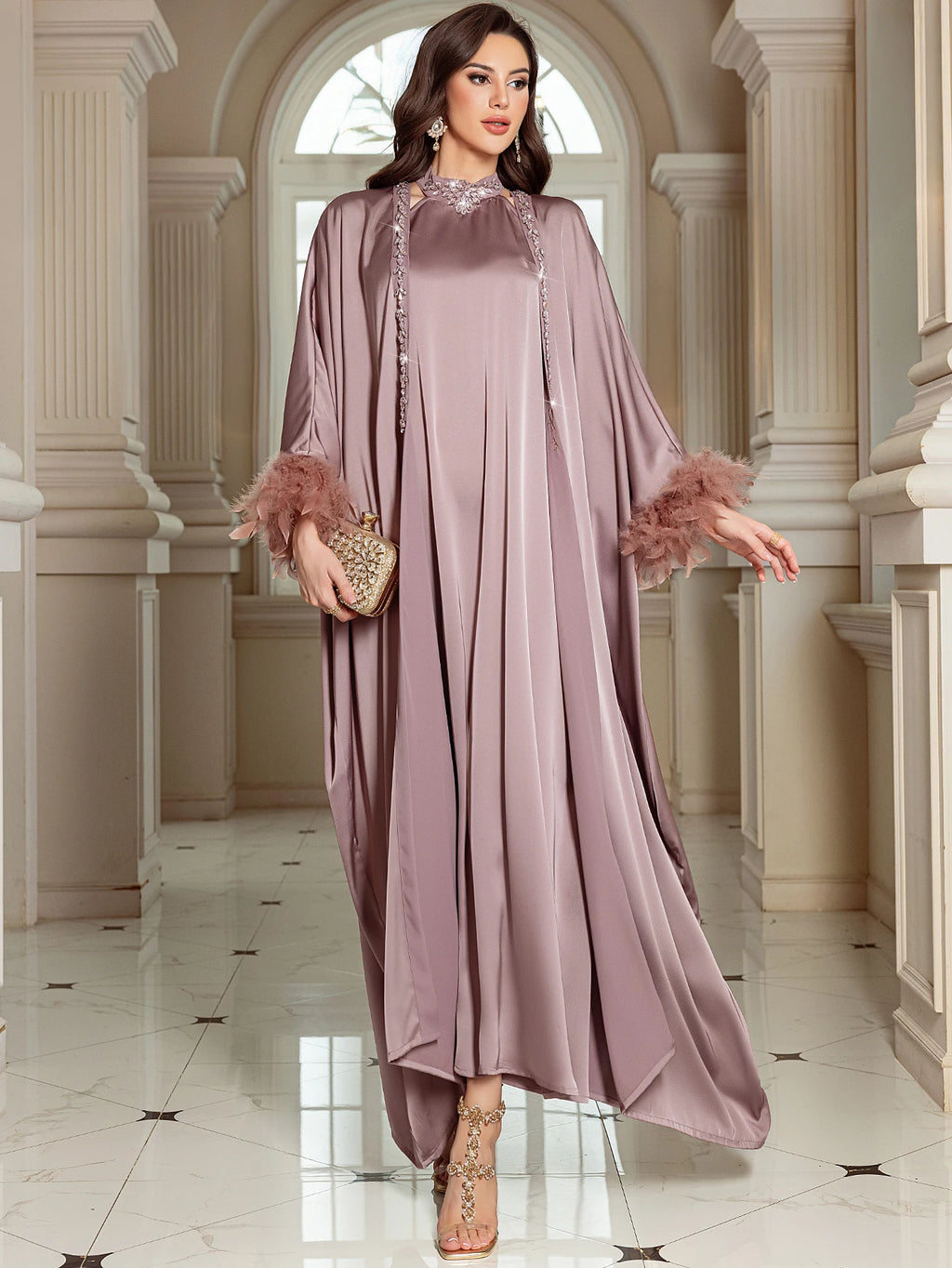 Luxury Dubai Abayas for Women Feather Muslim Sets Satin Kimono Cardigan Kebaya Turkey Kaftan Ramadan Islam Clothing Robe Abayo