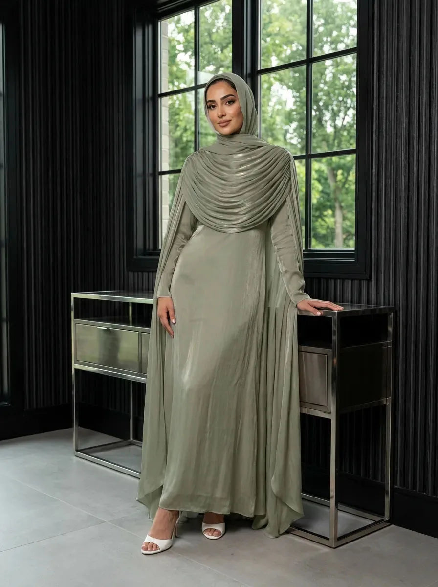 Ramadan Pleated Jalabiya Dubai Abaya Cloak Cape Evening Dresses for Women Muslim Hijab Set Turkey Kaftan Djellaba Islam Clothing
