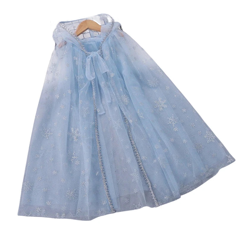 Girl Princess Cloak Children Sequin Mesh Hooded Cape Elsa Rapunzel Costume Halloween Birthday Party Clothing
