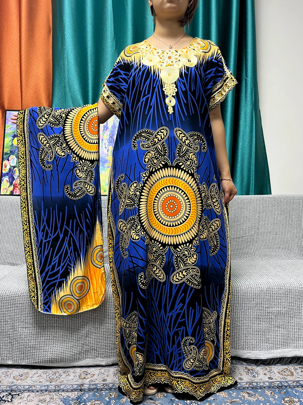 Abayas For Women 2024 New Print Appliques Cotton Traditional Kanga Clothing Loose Femme Robe African Ngeria Dresses With Turban