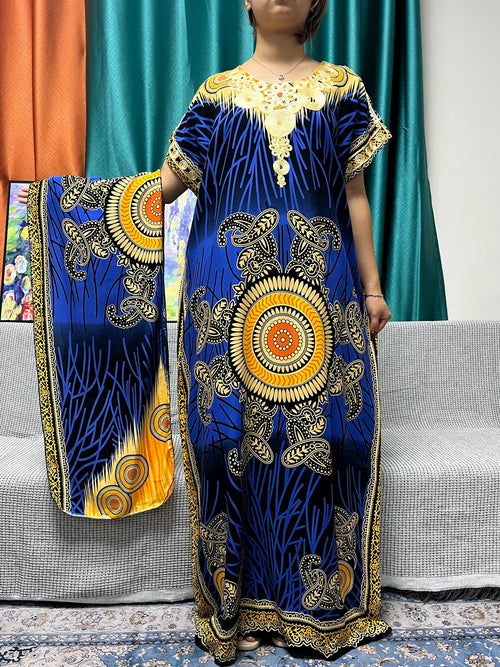 Abayas For Women 2024 New Print Appliques Cotton Traditional Kanga Clothing Loose Femme Robe African Ngeria Dresses With Turban