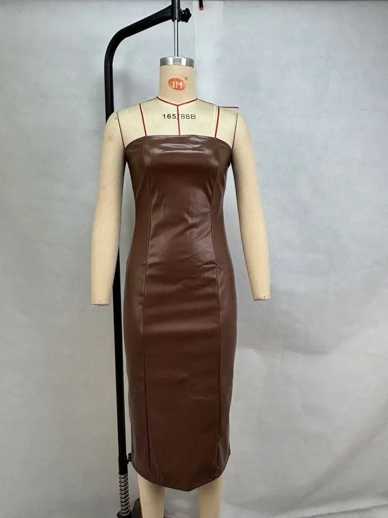 American women's clothing  autumn winter sexy tube top dress PU leather solid color temperament skirt split ends slim fit
