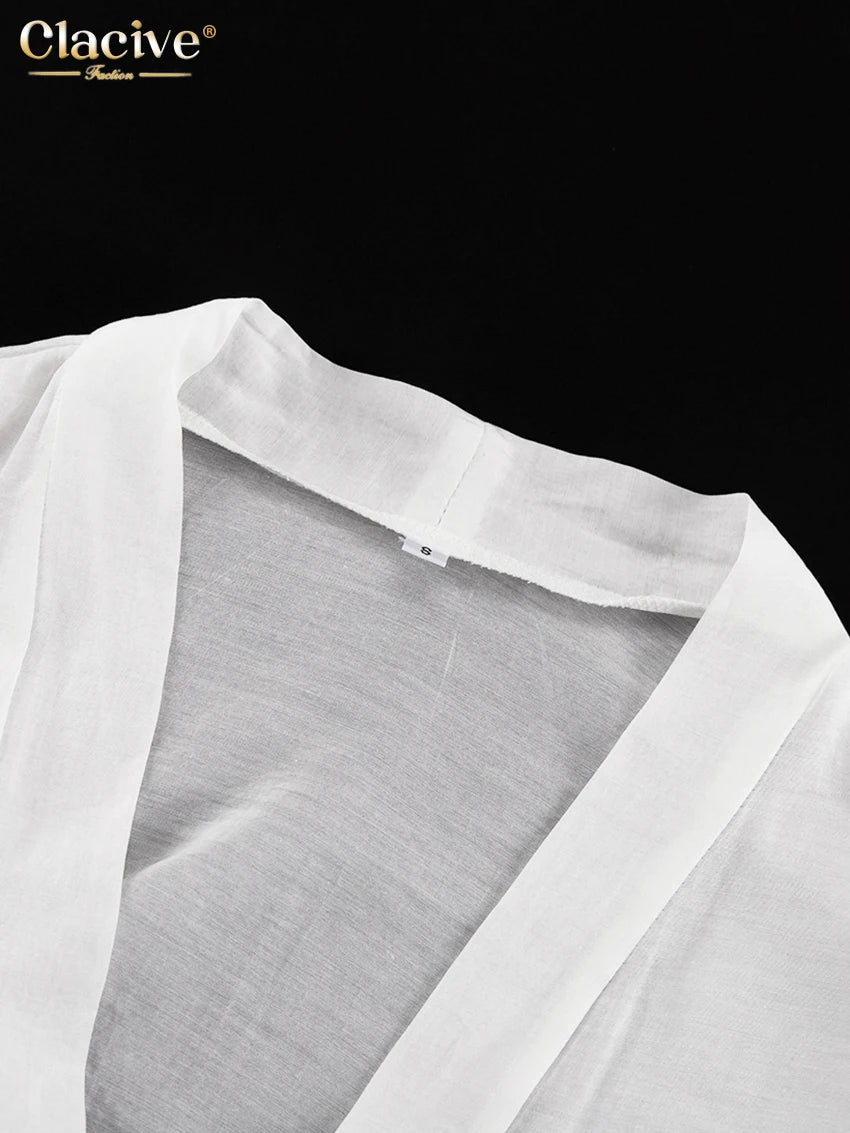 Clacive Casual Loose White 2 Piece Sets Women Outfit 2025 Elegant Long Sleeve Robes With Mid Waist Shorts Set Female Clothing