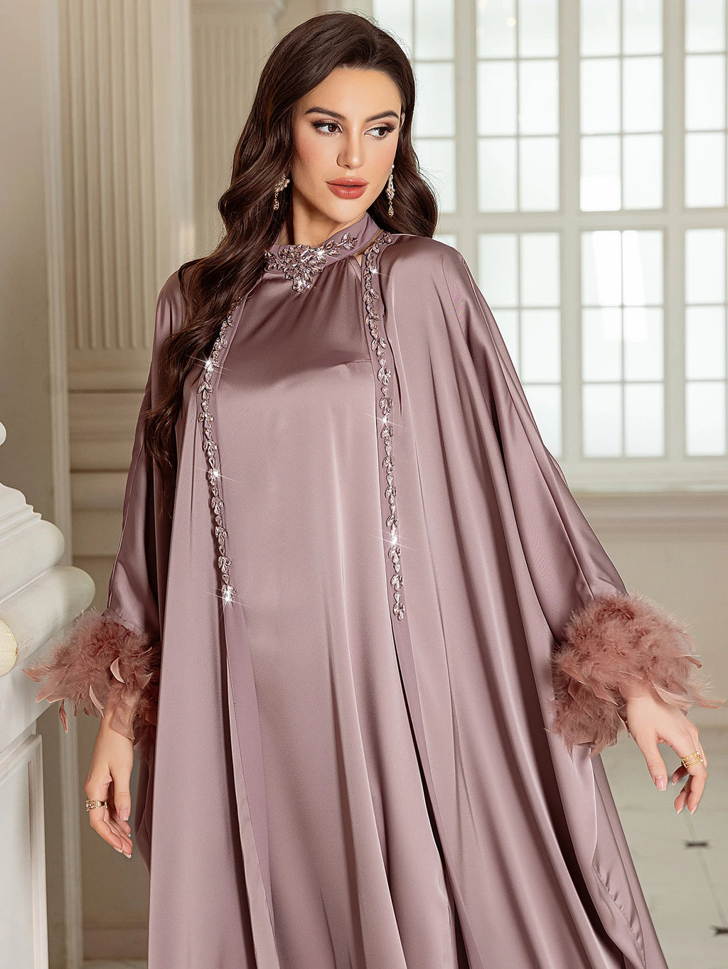 Luxury Dubai Abayas for Women Feather Muslim Sets Satin Kimono Cardigan Kebaya Turkey Kaftan Ramadan Islam Clothing Robe Abayo