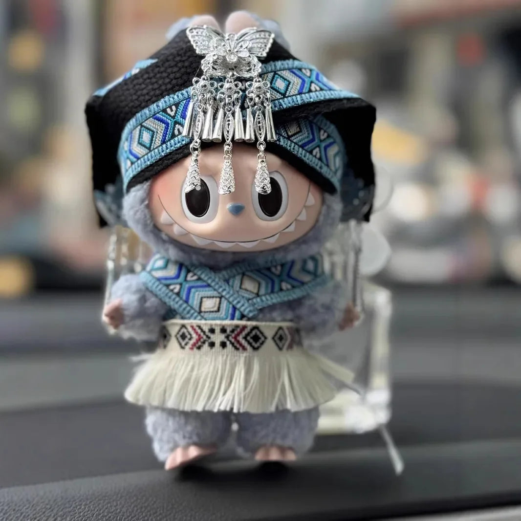 For Labubu Clothes Doll Accessories Zhuang Ethnic Clothing Headwear for Labubu V2 V1 Doll Clothing Cute Striped Cosplay Dress
