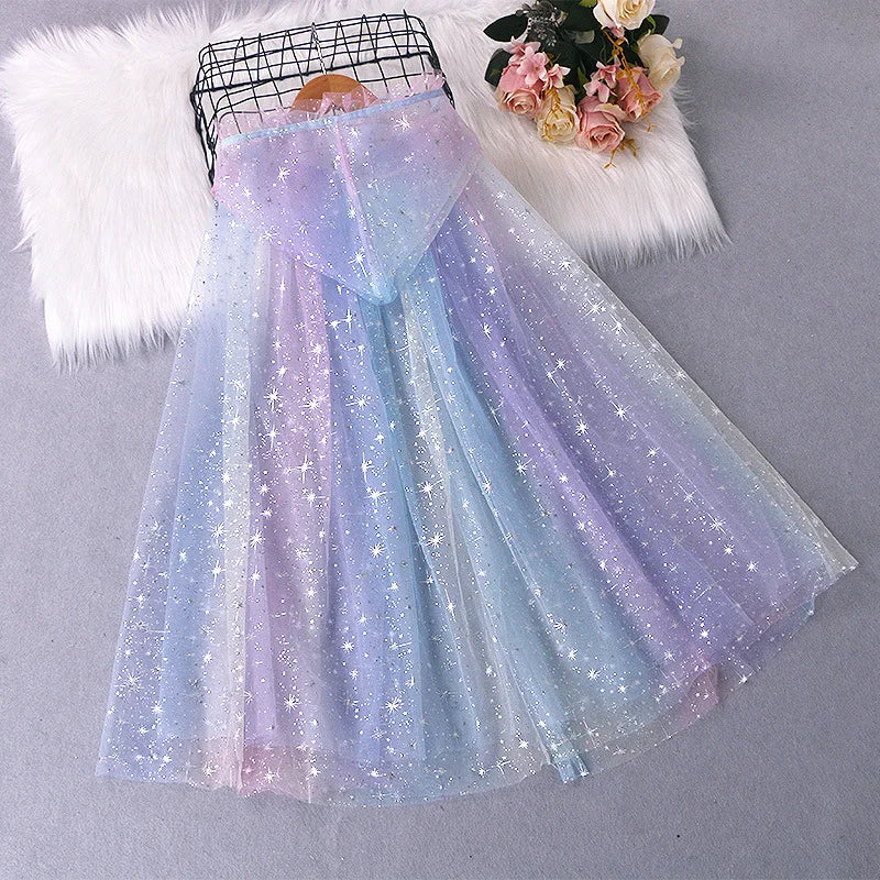 Girl Princess Cloak Children Sequin Mesh Hooded Cape Elsa Rapunzel Costume Halloween Birthday Party Clothing