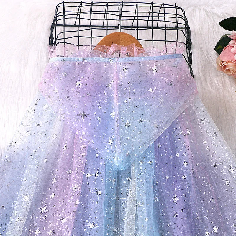 Girl Princess Cloak Children Sequin Mesh Hooded Cape Elsa Rapunzel Costume Halloween Birthday Party Clothing