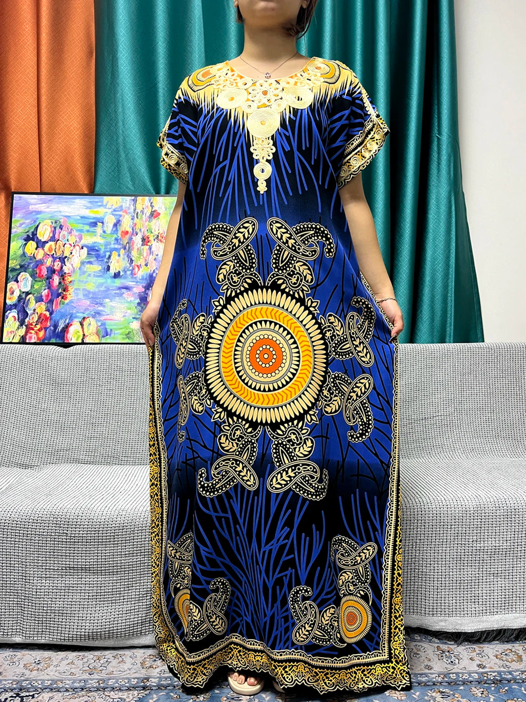 Abayas For Women 2024 New Print Appliques Cotton Traditional Kanga Clothing Loose Femme Robe African Ngeria Dresses With Turban
