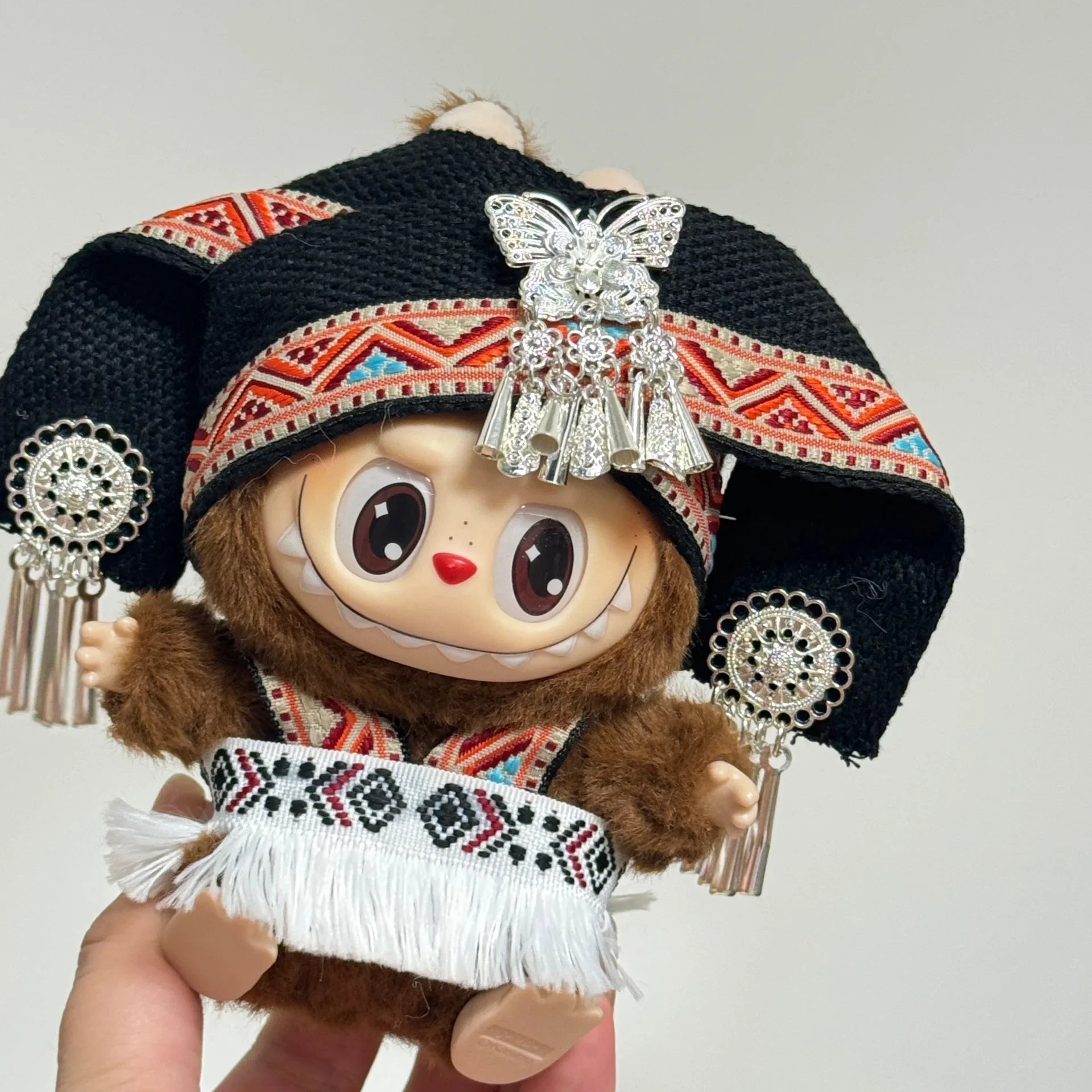 For Labubu Clothes Doll Accessories Zhuang Ethnic Clothing Headwear for Labubu V2 V1 Doll Clothing Cute Striped Cosplay Dress