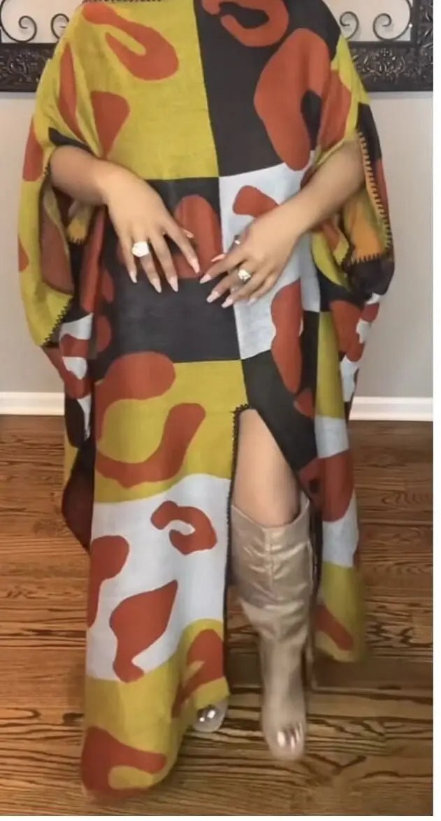African Women Winter Elegant Printed Loose Aabaya Oversize Europe Holiday Muslim Lady Streetwear Long Kaftan Maxi Dress