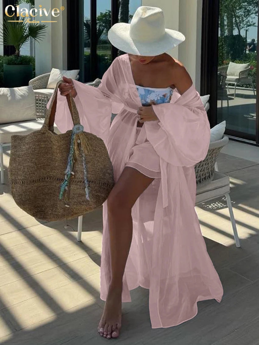 Clacive Casual Loose White 2 Piece Sets Women Outfit 2025 Elegant Long Sleeve Robes With Mid Waist Shorts Set Female Clothing