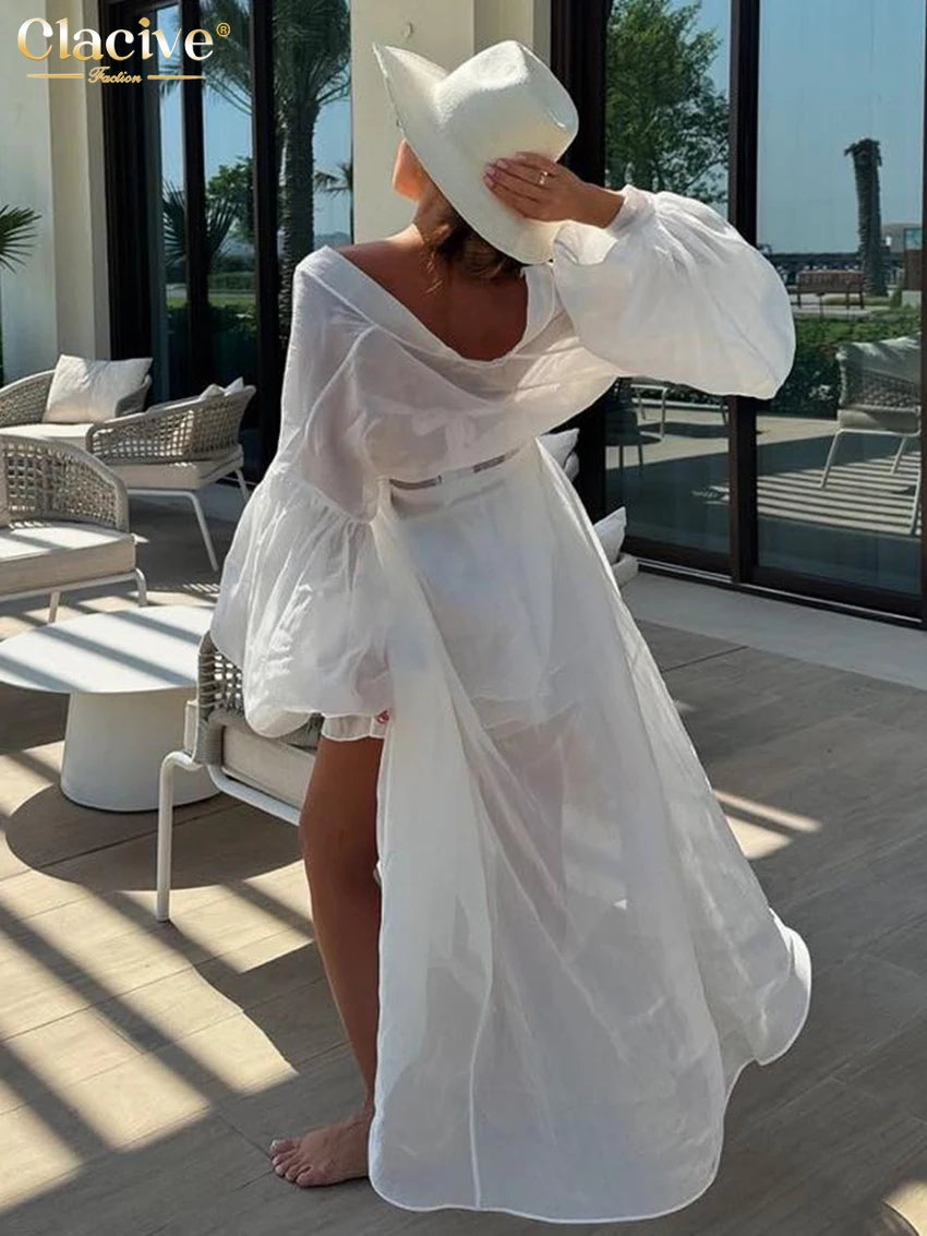 Clacive Casual Loose White 2 Piece Sets Women Outfit 2025 Elegant Long Sleeve Robes With Mid Waist Shorts Set Female Clothing