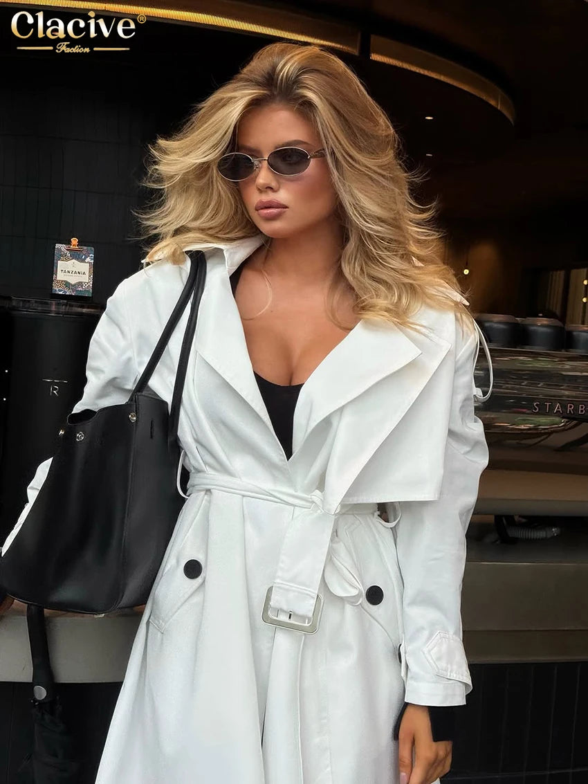 Clacive Fashion Loose White Women's Trench Coat 2025 Winter Lapel Long Sleeve Coats Elegant Classic Belt Top Female Clothing