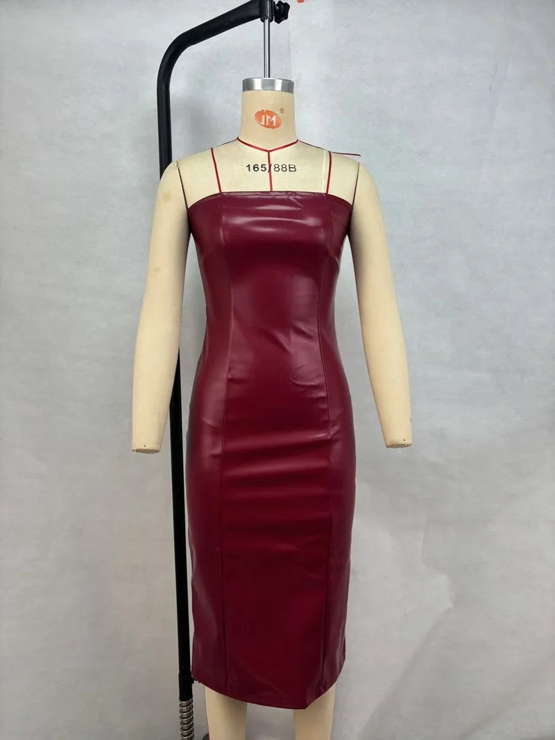 American women's clothing  autumn winter sexy tube top dress PU leather solid color temperament skirt split ends slim fit