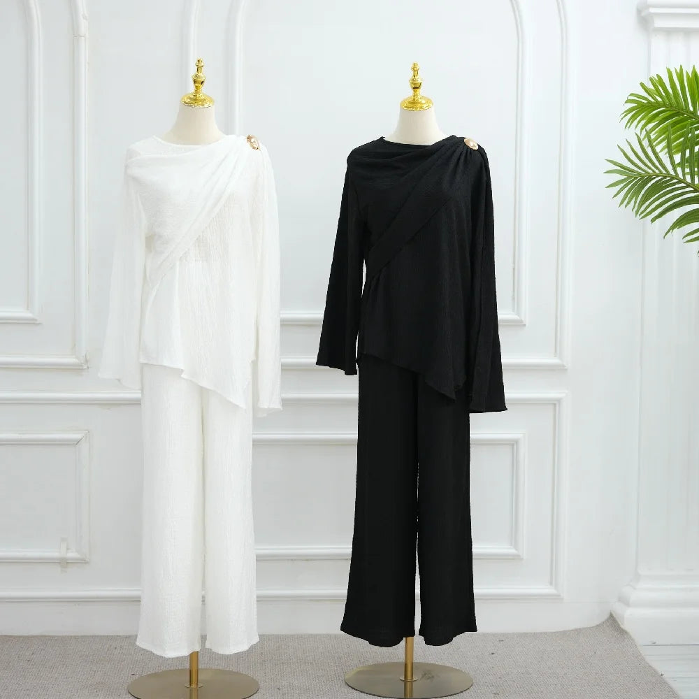 Abayas For Women Plain 2 Piece Abaya Damen Dubai Tops Pant Modest Muslim Set Islam Robe Caftan Marocain Femme Musulmane Kaftan