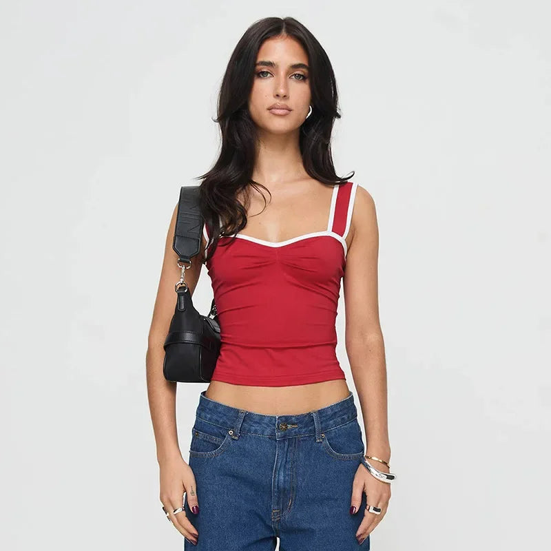 Casual Streetwear Contrast Binding Halter Tops Women Clothing Square Collar Camison Verano Shirring Strap Corset Y2k Accessories