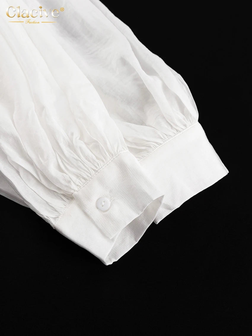 Clacive Casual Loose White 2 Piece Sets Women Outfit 2025 Elegant Long Sleeve Robes With Mid Waist Shorts Set Female Clothing