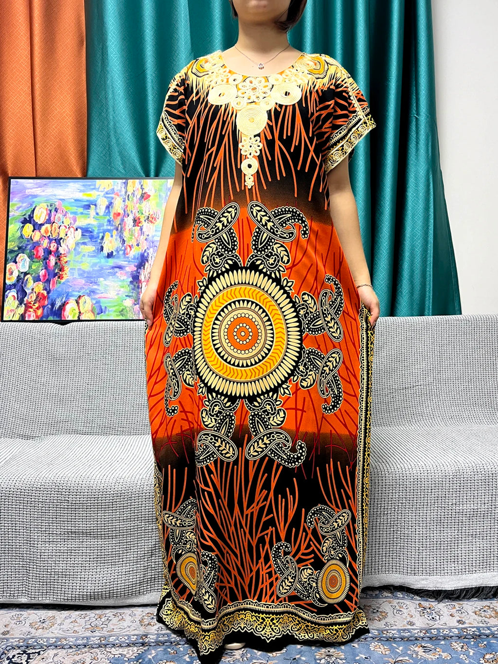 Abayas For Women 2024 New Print Appliques Cotton Traditional Kanga Clothing Loose Femme Robe African Ngeria Dresses With Turban