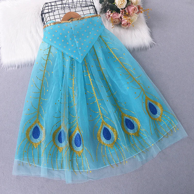 Girl Princess Cloak Children Sequin Mesh Hooded Cape Elsa Rapunzel Costume Halloween Birthday Party Clothing