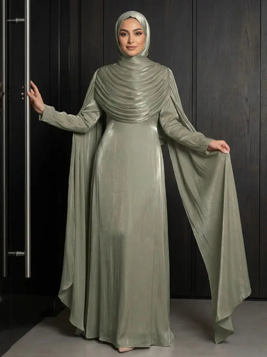 Ramadan Pleated Jalabiya Dubai Abaya Cloak Cape Evening Dresses for Women Muslim Hijab Set Turkey Kaftan Djellaba Islam Clothing