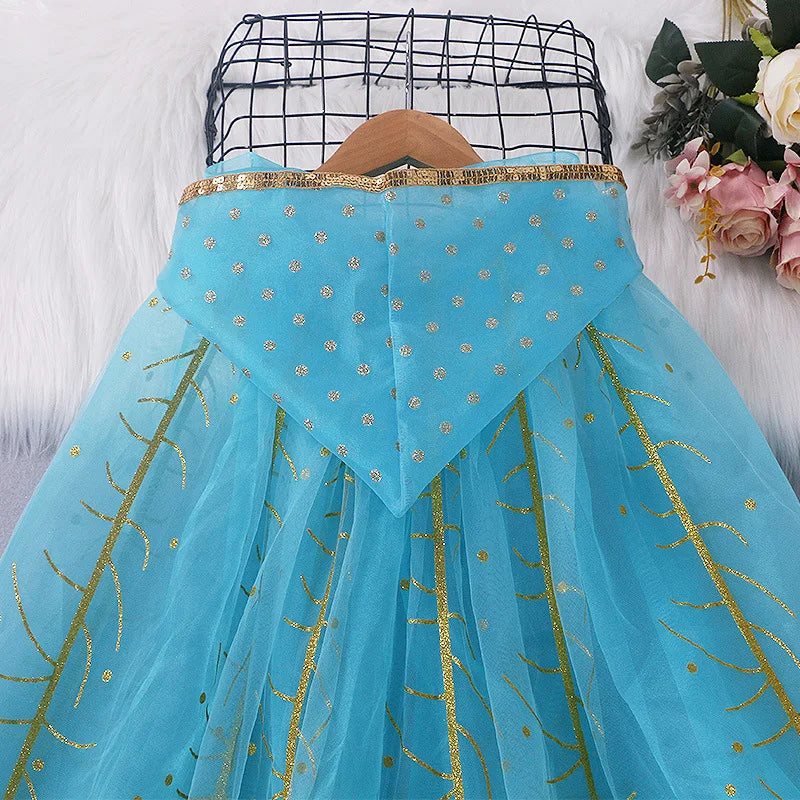 Girl Princess Cloak Children Sequin Mesh Hooded Cape Elsa Rapunzel Costume Halloween Birthday Party Clothing