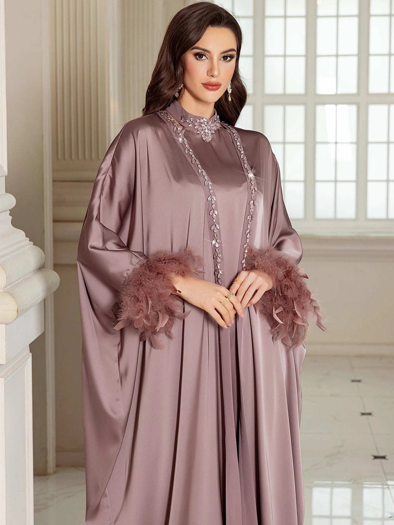 Luxury Dubai Abayas for Women Feather Muslim Sets Satin Kimono Cardigan Kebaya Turkey Kaftan Ramadan Islam Clothing Robe Abayo