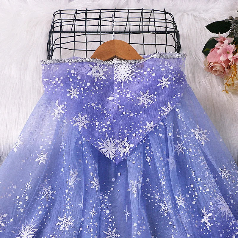 Girl Princess Cloak Children Sequin Mesh Hooded Cape Elsa Rapunzel Costume Halloween Birthday Party Clothing