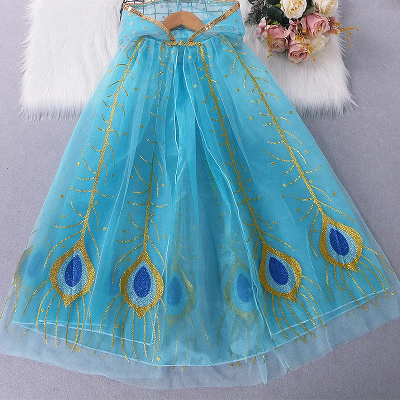 Girl Princess Cloak Children Sequin Mesh Hooded Cape Elsa Rapunzel Costume Halloween Birthday Party Clothing