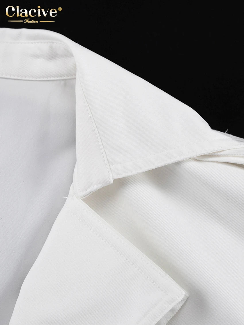Clacive Fashion Loose White Women's Trench Coat 2025 Winter Lapel Long Sleeve Coats Elegant Classic Belt Top Female Clothing