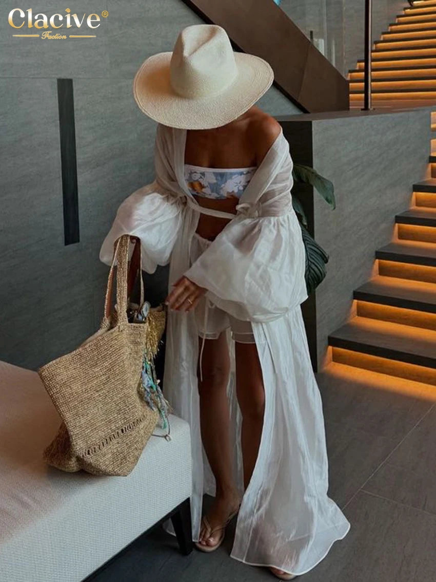 Clacive Casual Loose White 2 Piece Sets Women Outfit 2025 Elegant Long Sleeve Robes With Mid Waist Shorts Set Female Clothing