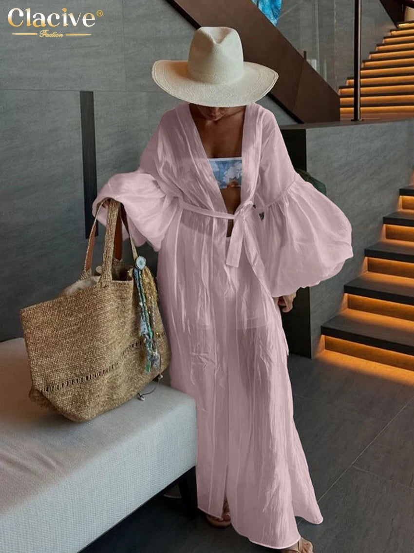 Clacive Casual Loose White 2 Piece Sets Women Outfit 2025 Elegant Long Sleeve Robes With Mid Waist Shorts Set Female Clothing