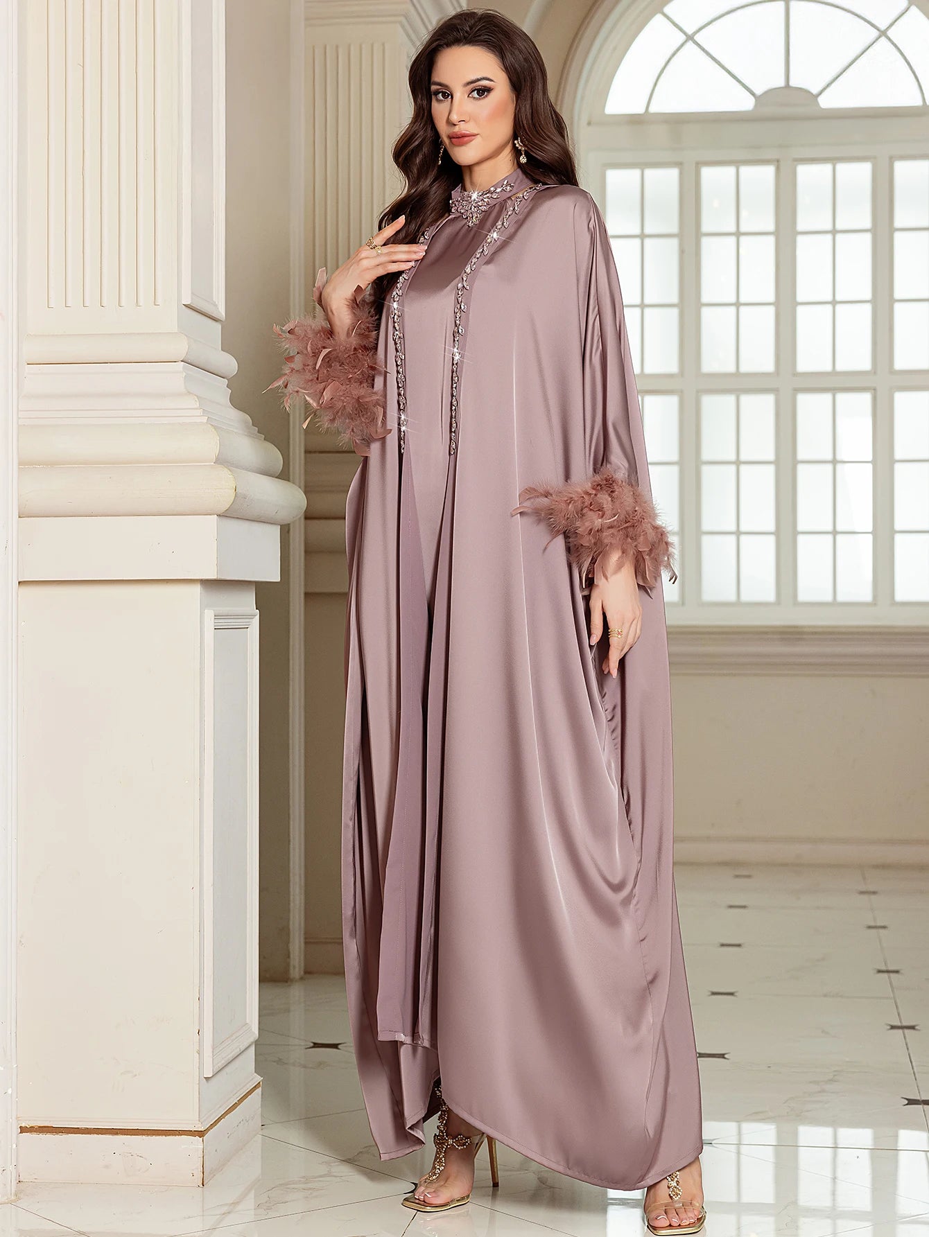 Luxury Dubai Abayas for Women Feather Muslim Sets Satin Kimono Cardigan Kebaya Turkey Kaftan Ramadan Islam Clothing Robe Abayo