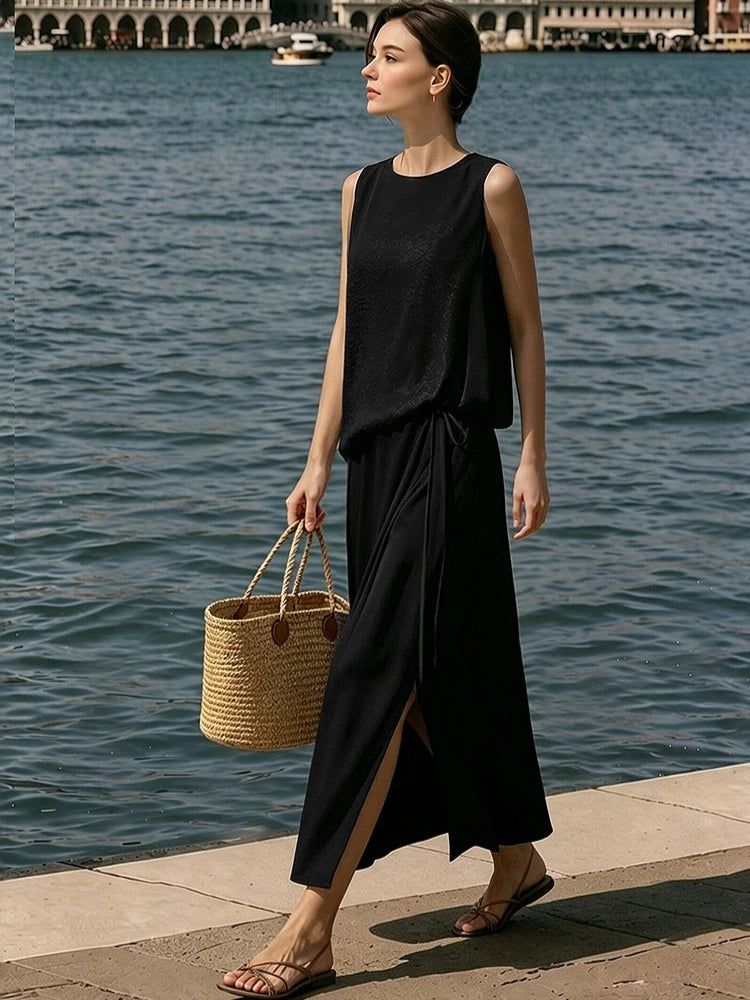 Amii Women's Dress 2026 Summer New Acetate Tie Loose Long Dresses For Women Casual Chiffon Patchwork Women's Clothing 12642163