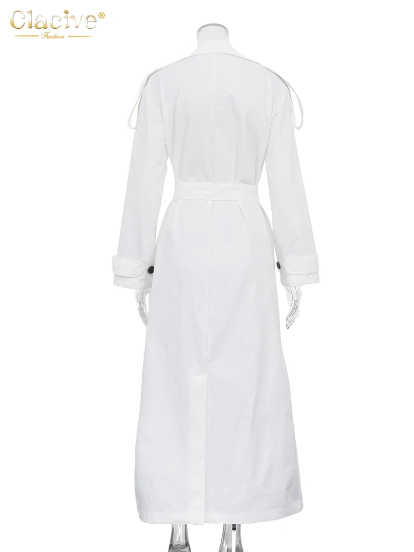 Clacive Fashion Loose White Women's Trench Coat 2025 Winter Lapel Long Sleeve Coats Elegant Classic Belt Top Female Clothing