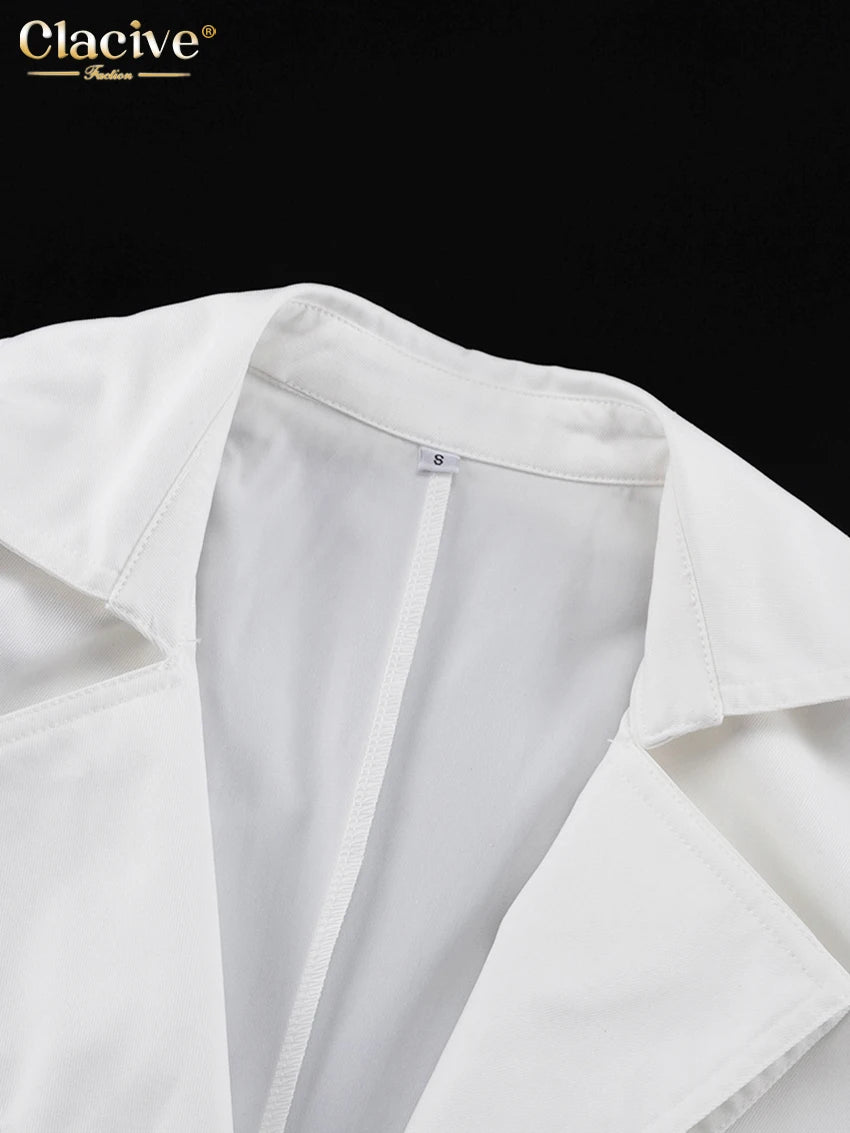 Clacive Fashion Loose White Women's Trench Coat 2025 Winter Lapel Long Sleeve Coats Elegant Classic Belt Top Female Clothing