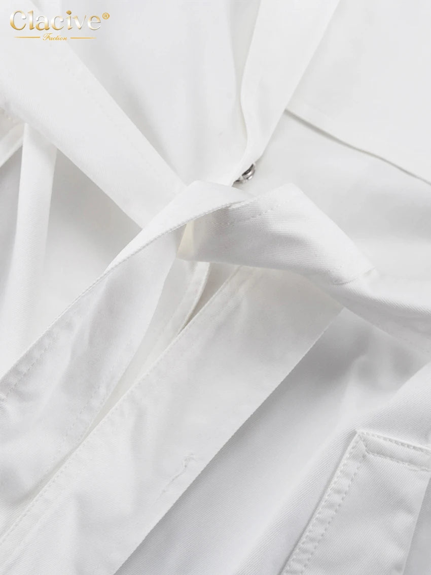 Clacive Fashion Loose White Women's Trench Coat 2025 Winter Lapel Long Sleeve Coats Elegant Classic Belt Top Female Clothing